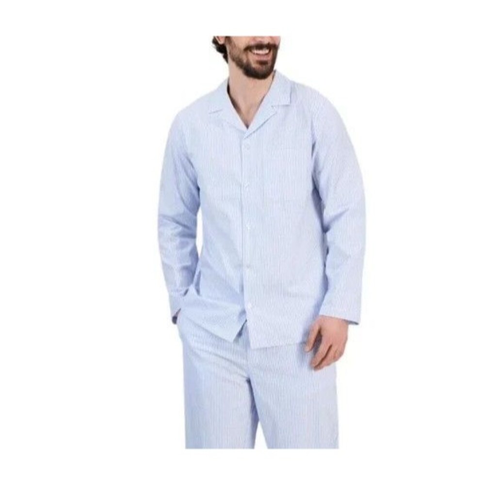 New Club Room Men's Blue Stripe Woven Cotton 2 Piece Collared Pajama Set Small